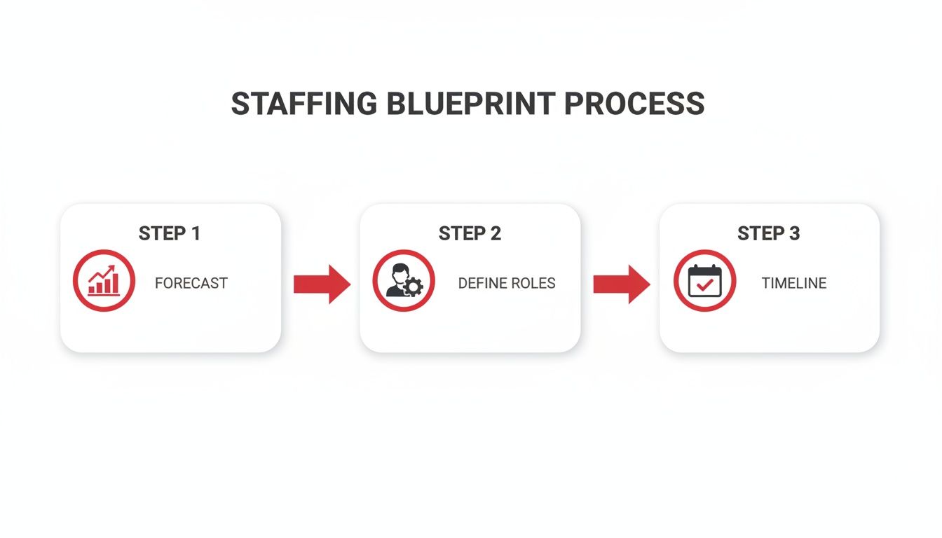 Infographic showing a three-step staffing blueprint process including forecast, define roles, and timeline.