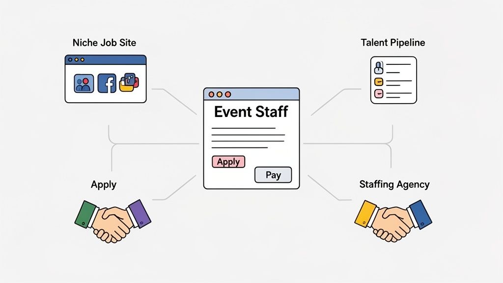 Diagram illustrating event staff recruitment channels including job sites, talent pipelines, and staffing agencies with apply and pay options.