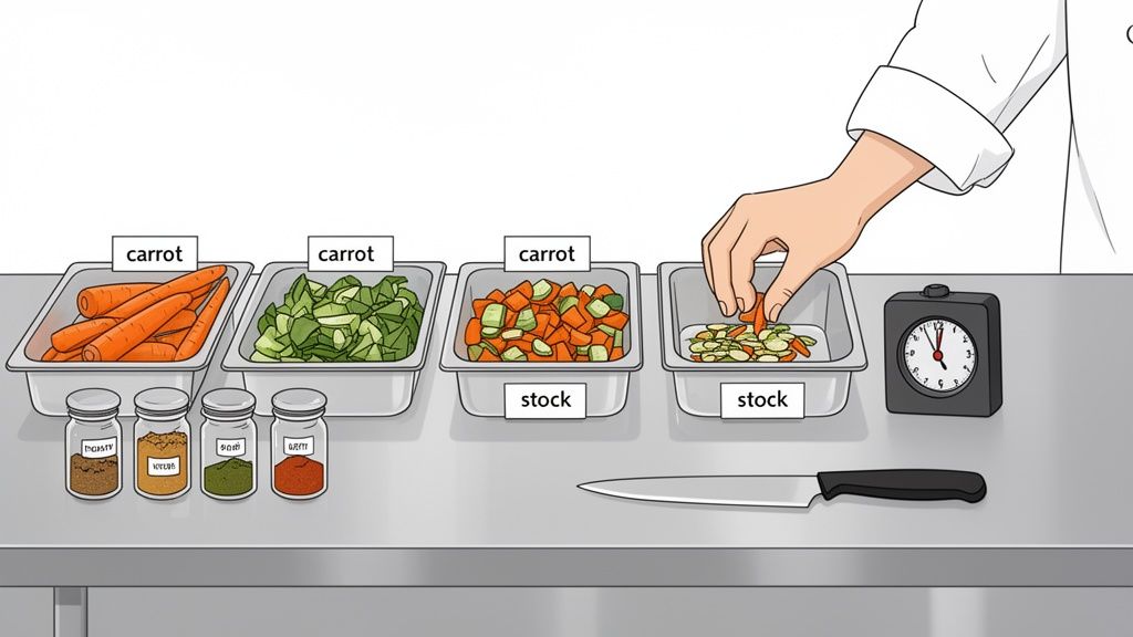 A chef's hand sorts vegetable scraps into a container, with various prepped vegetables and spices on a kitchen counter.
