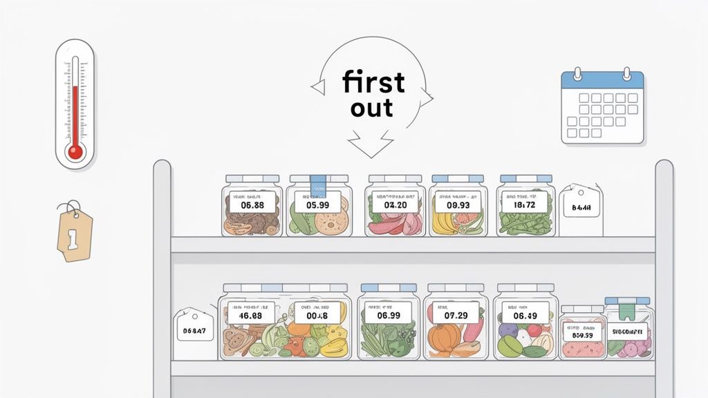 An illustration of a food storage system with shelves, jars, price tags, a thermometer, and a 'first out' reminder.