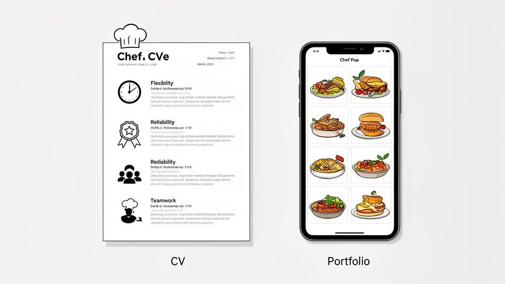 A chef's CV with skills like flexibility and reliability next to a smartphone showing a digital food portfolio.