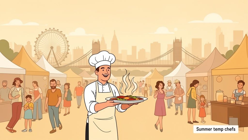A smiling chef holds a steaming plate of food at a lively outdoor food market with a city skyline.