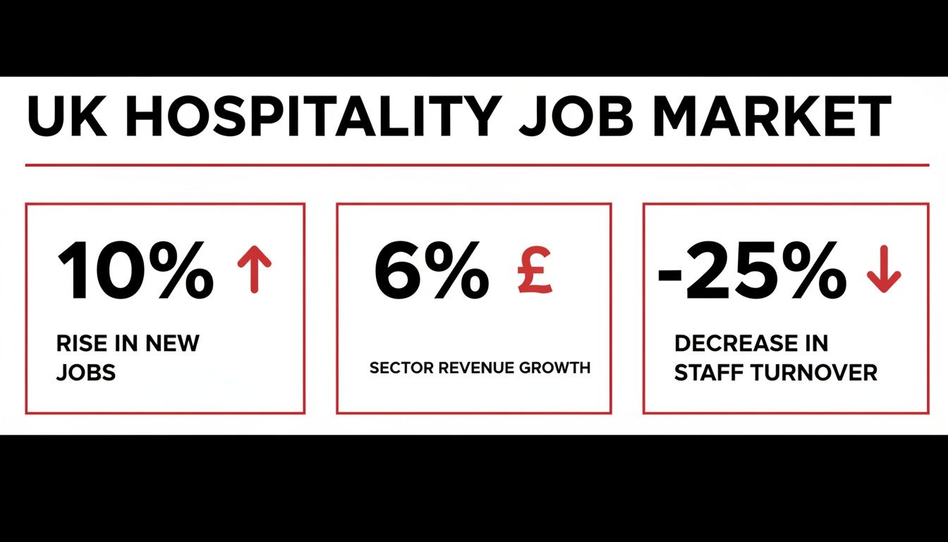 Infographic showing positive trends in the UK hospitality job market with job growth and reduced turnover.