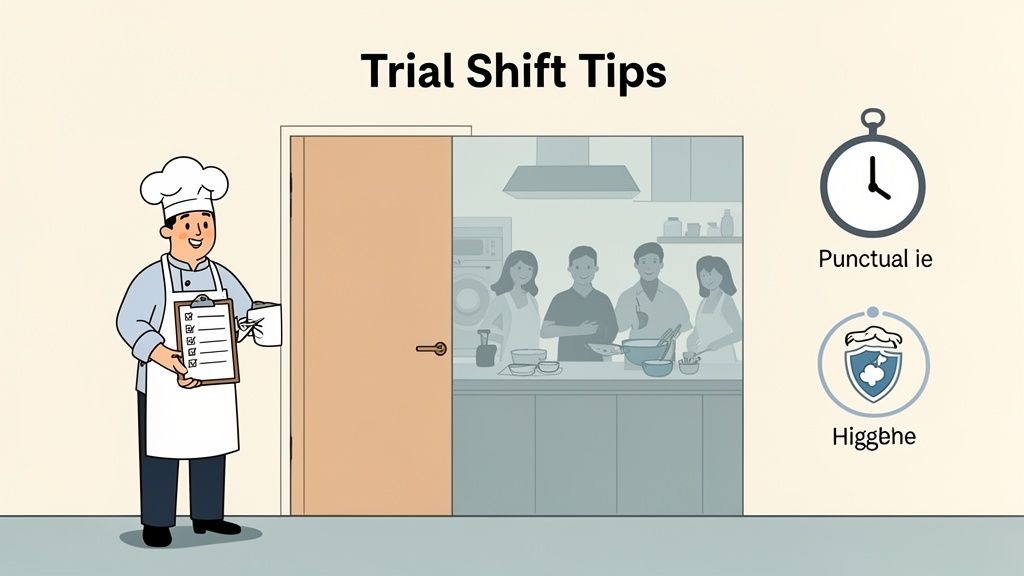 An animated chef with a checklist and icons for 'Punctual ie' and 'Higgbe' offer trial shift tips.