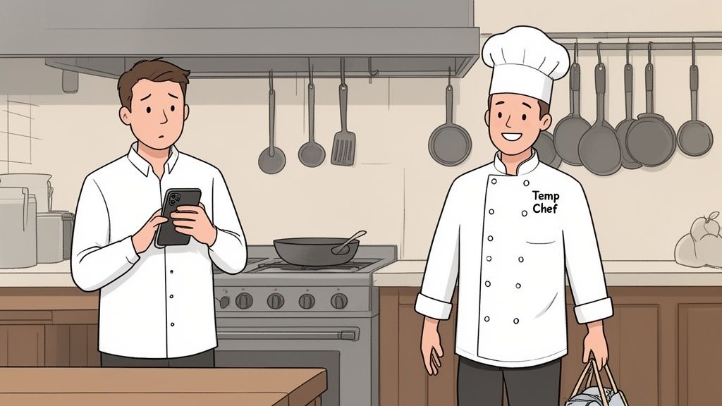 A man looks at his phone while a smiling temporary chef arrives in a kitchen.