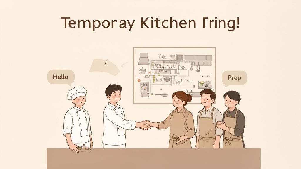 A diverse team of chefs and kitchen staff shaking hands in front of a temporary kitchen layout diagram.