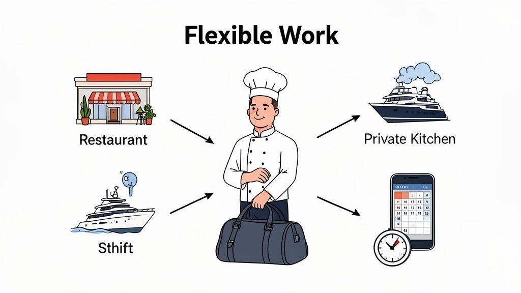 A chef with a bag, representing flexible work options like restaurants, private kitchens, and varied shifts.