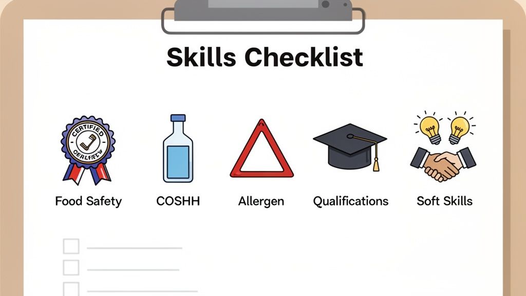 A skills checklist for hospitality professionals, covering food safety, COSHH, allergens, qualifications, and soft skills.