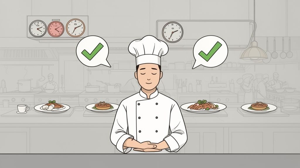 Cartoon chef in a kitchen with four perfectly prepared dishes and approval checkmarks.