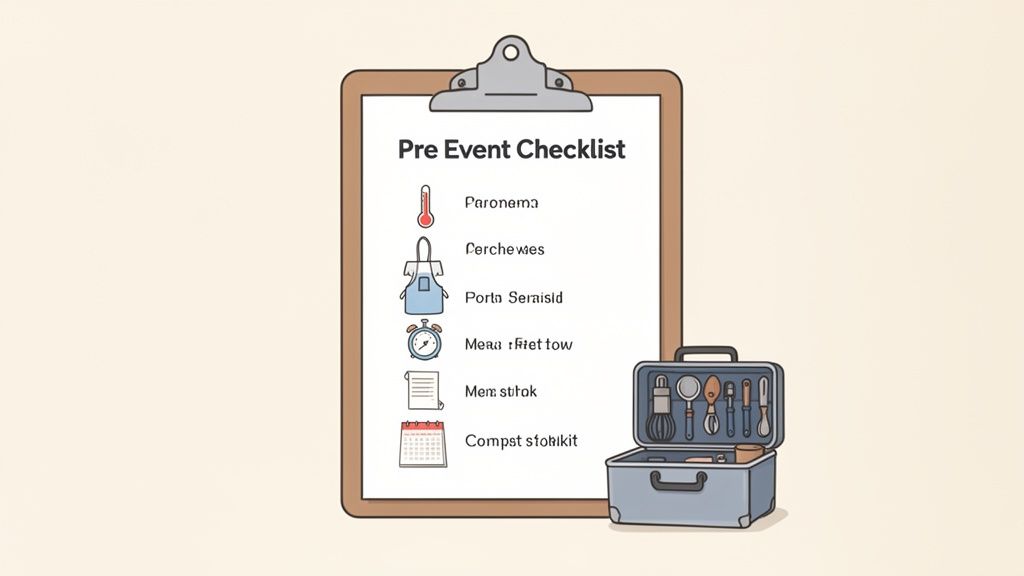 An illustration of a pre-event checklist on a clipboard next to an open toolkit of kitchen utensils.