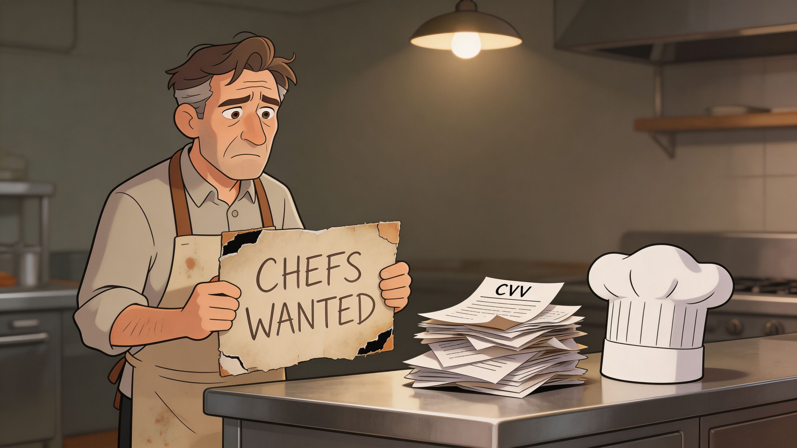 A weary chef in a kitchen holding a Chefs Wanted sign next to a stack of resumes.