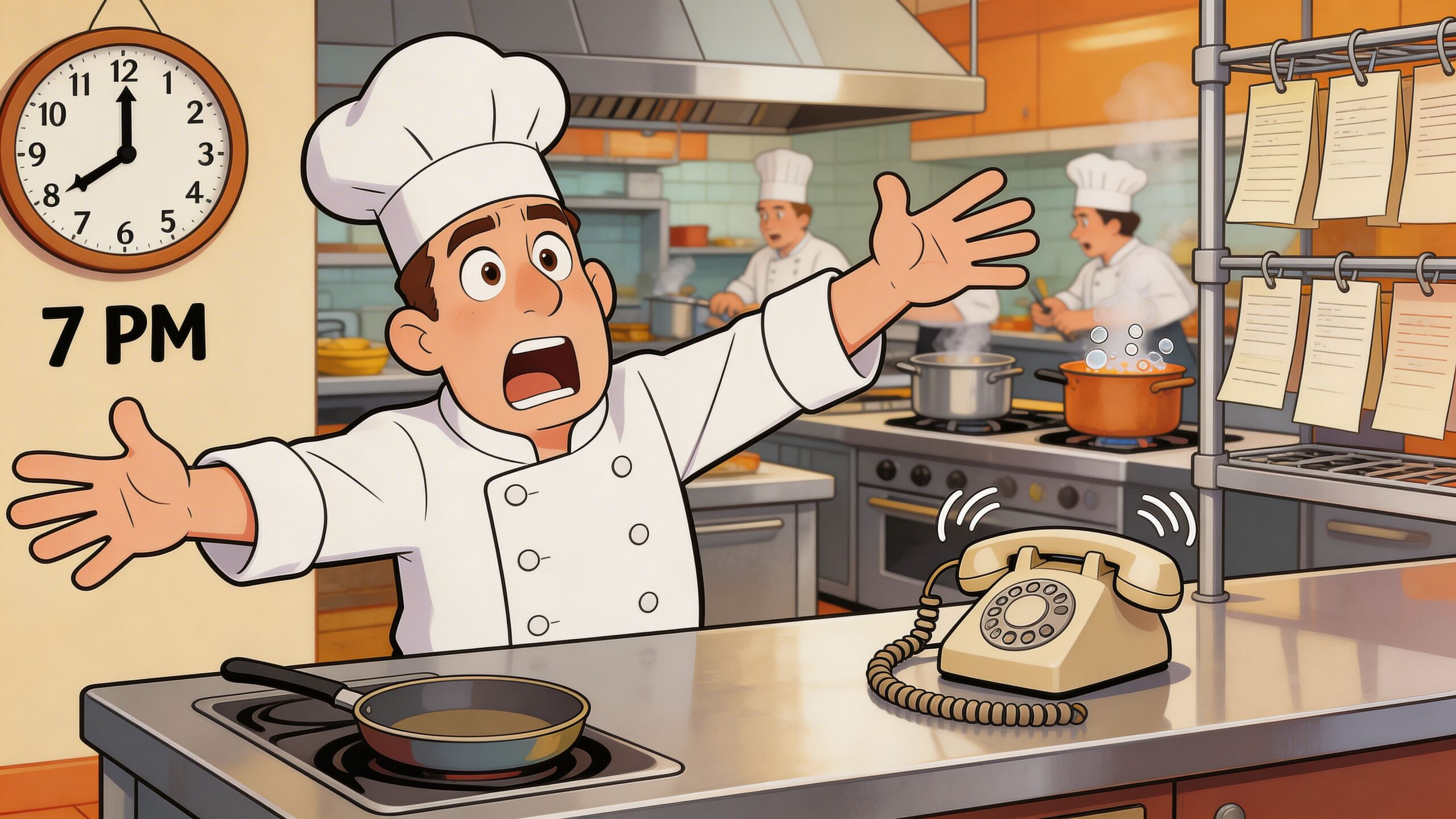 A stressed chef in a busy kitchen reaches out while an old telephone rings at seven PM.