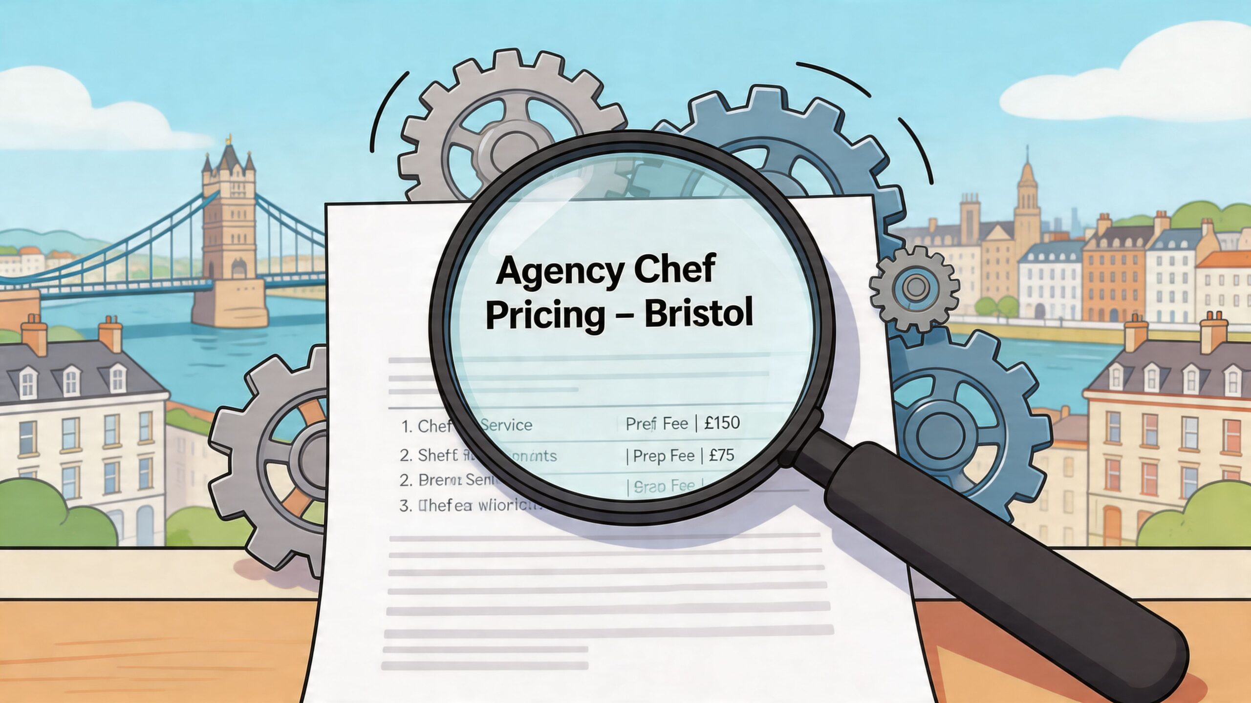 A magnifying glass inspecting a paper document with agency chef pricing information against a Bristol backdrop.