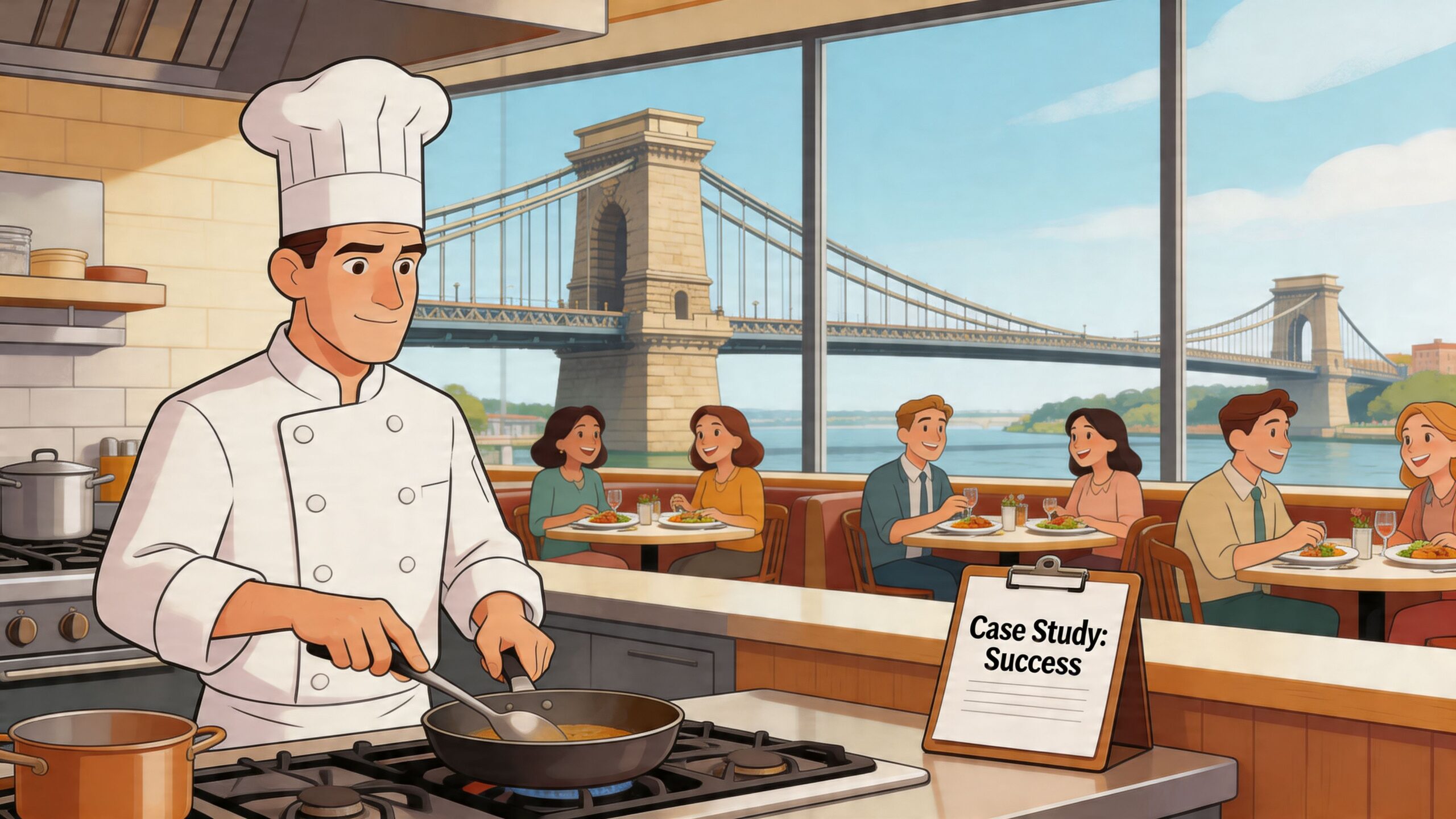 A professional chef cooking in a restaurant kitchen with patrons dining by a river and bridge.