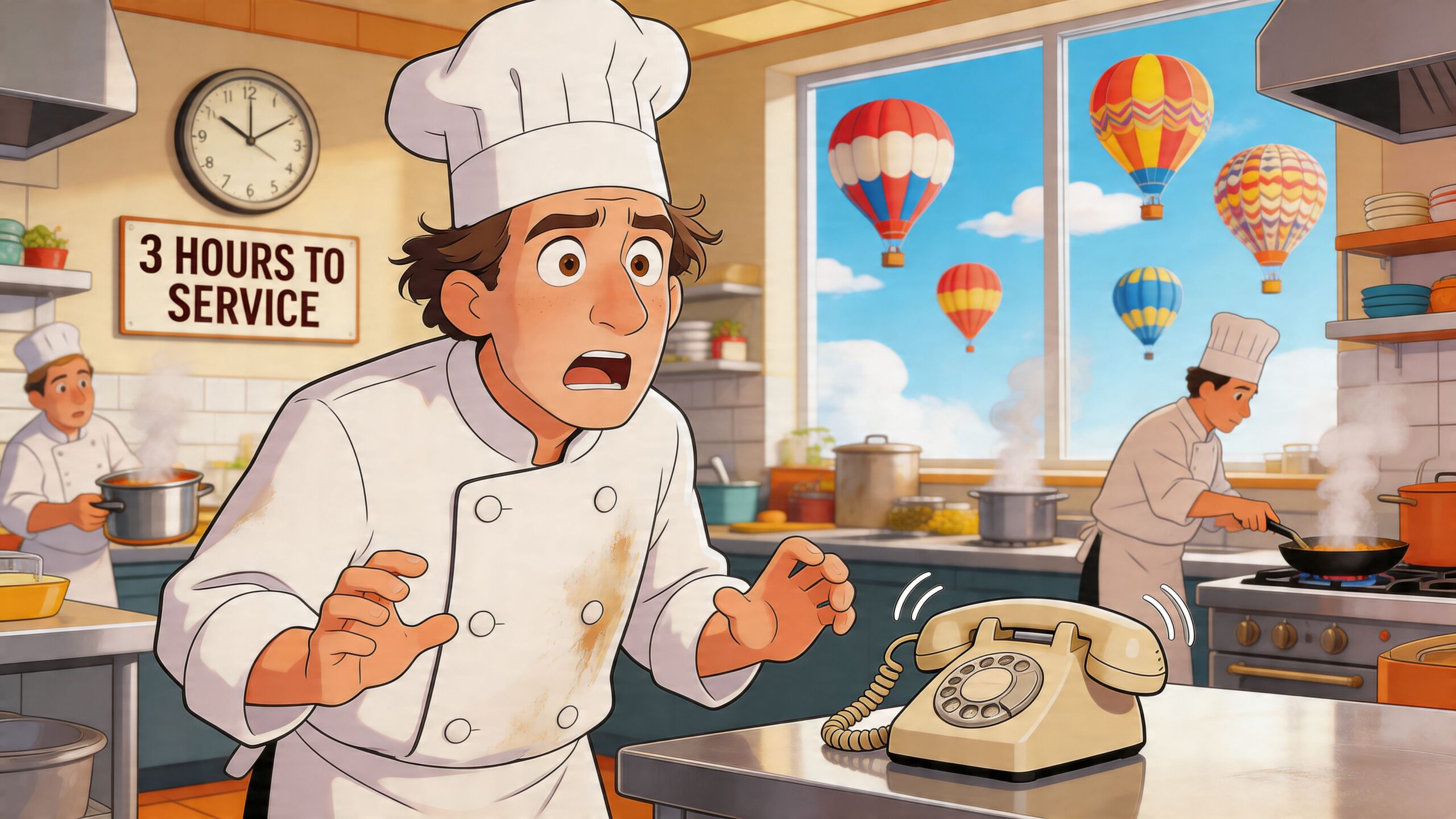 A stressed chef in a busy kitchen looking at a ringing telephone with hot air balloons outside.