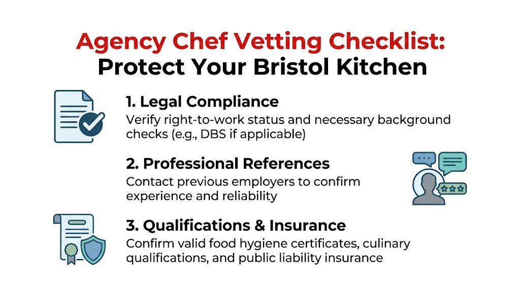 A checklist for vetting agency chefs to ensure kitchen safety and professional standards in Bristol restaurants.
