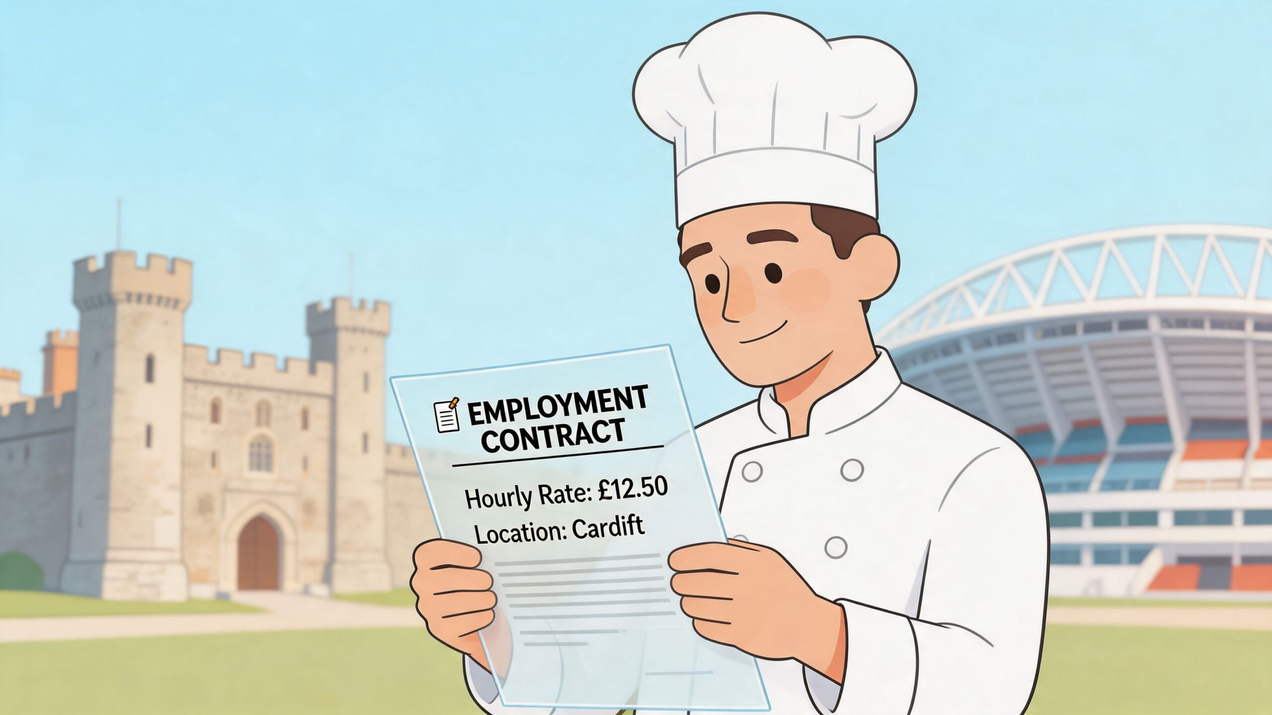 An animated chef holding an employment contract document in front of a castle and stadium.