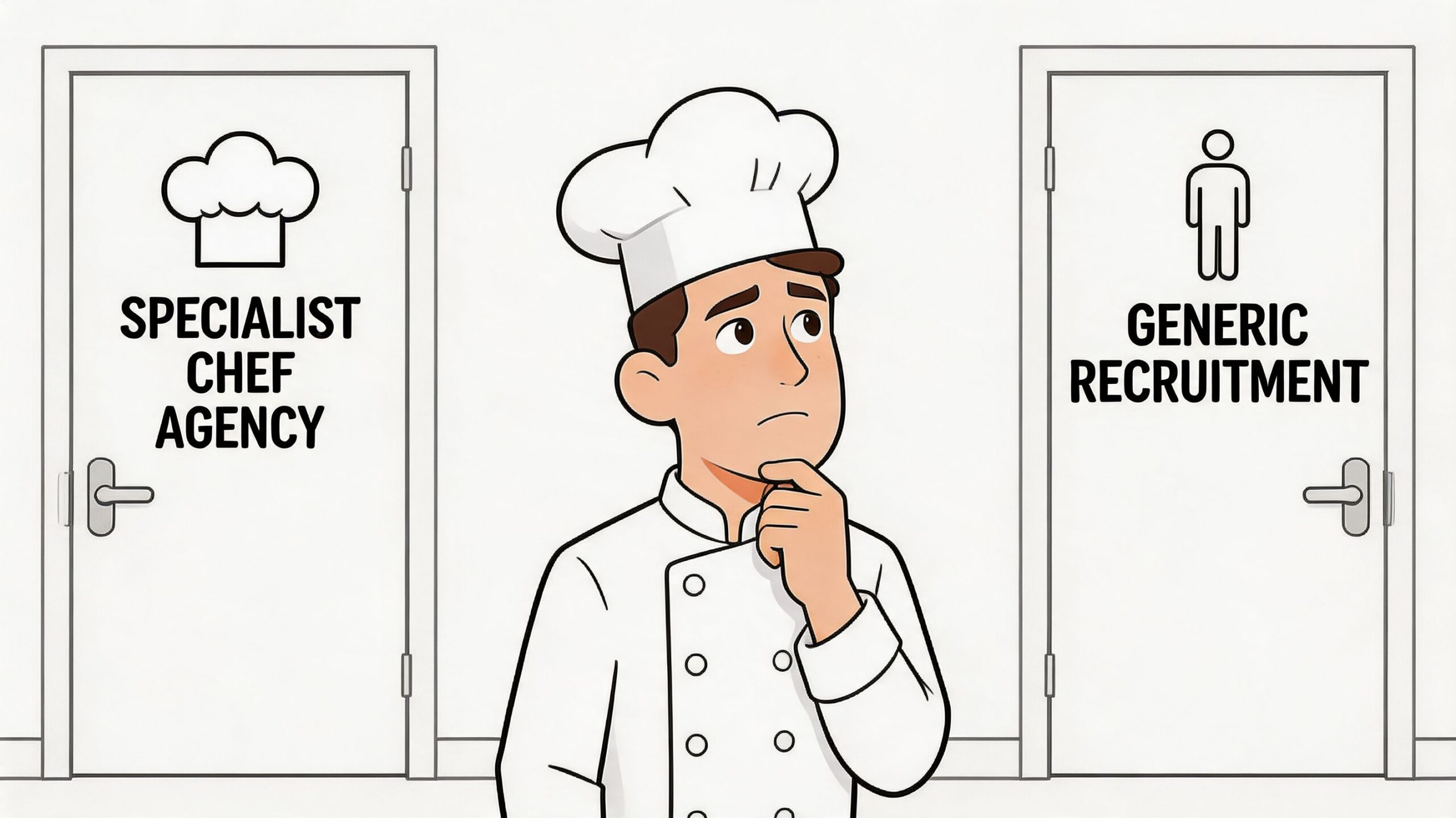 A confused chef standing between two doors labeled Specialist Chef Agency and Generic Recruitment.