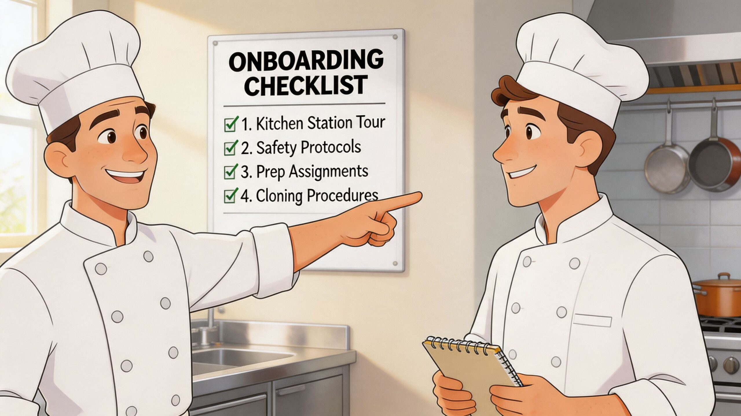 A senior chef in a kitchen uniform points to an onboarding checklist for a new recruit.