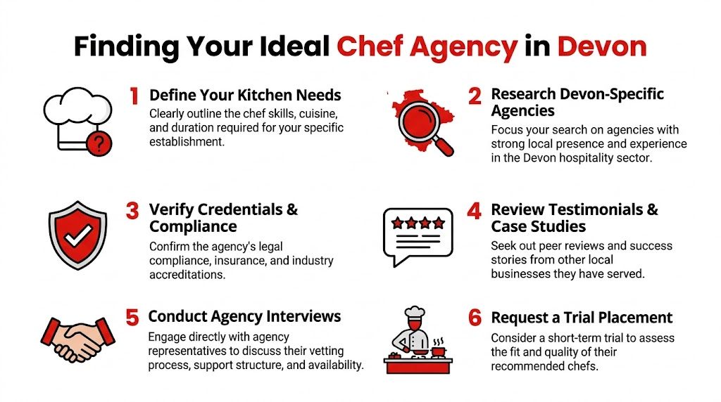 A step-by-step infographic titled Finding Your Ideal Chef Agency in Devon with six numbered tips.