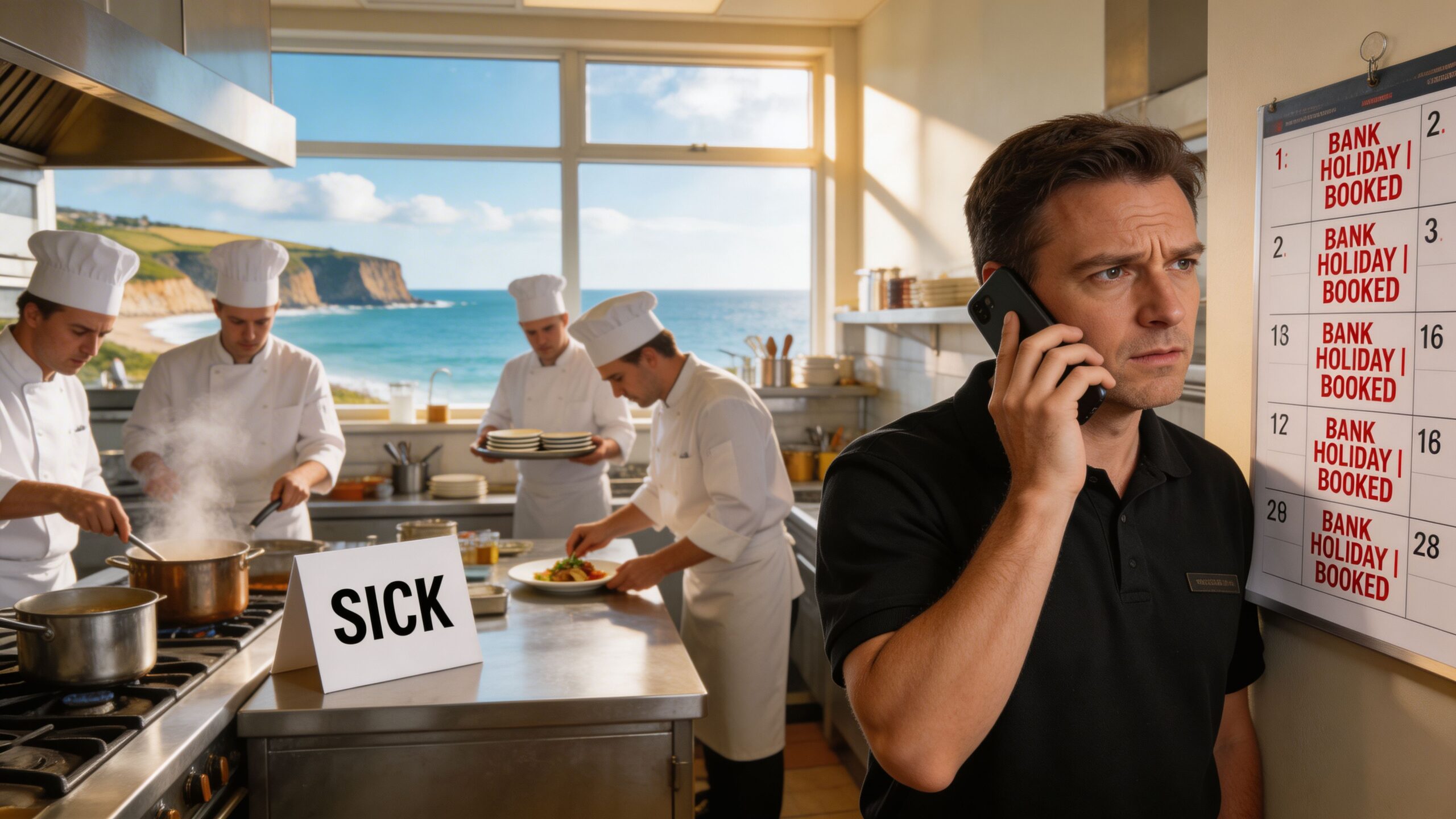 A concerned restaurant manager on the phone in a professional kitchen facing staff shortages with booked holidays.