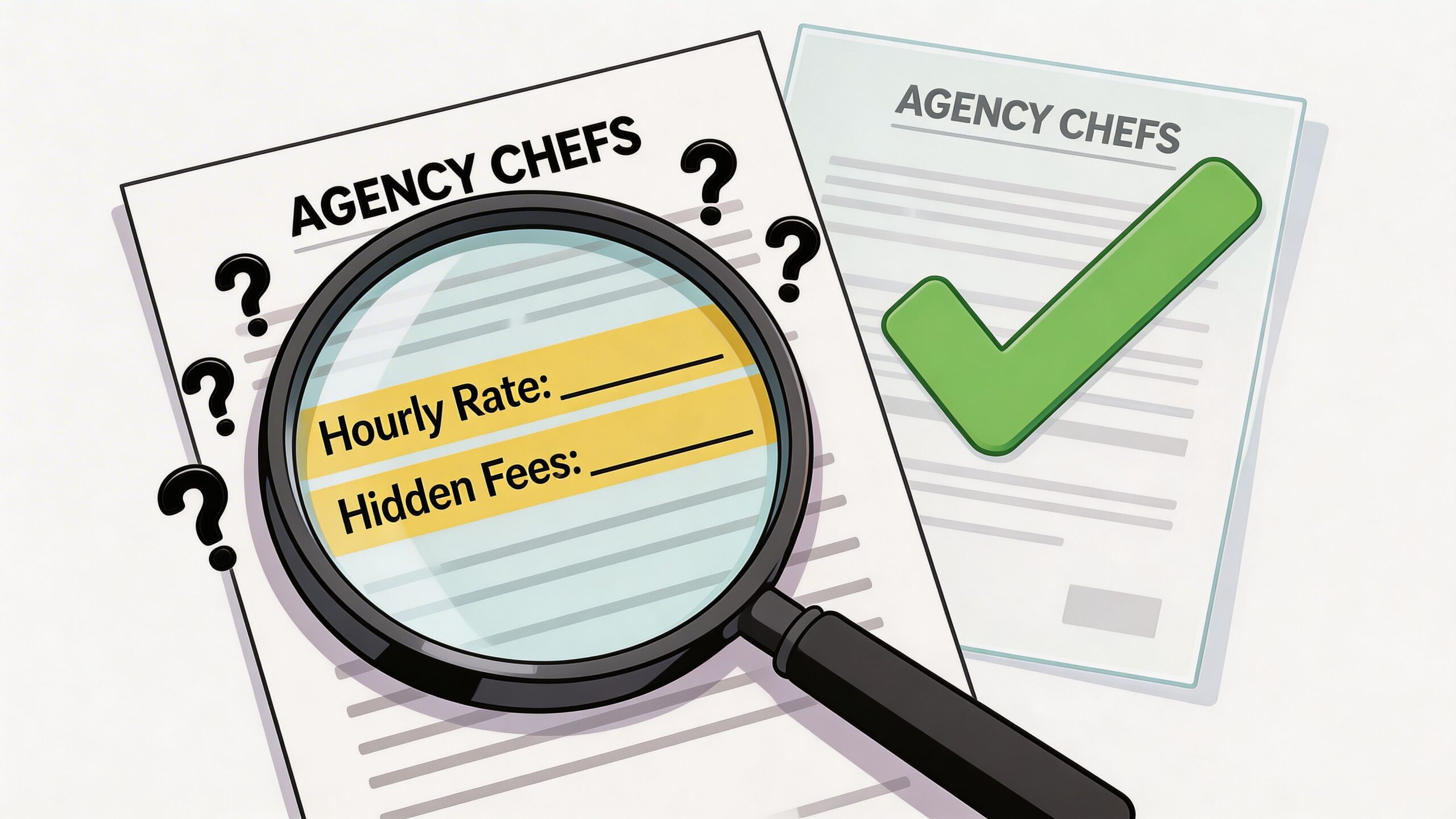 A magnifying glass examining an invoice for agency chefs to find hourly rates and hidden fees.