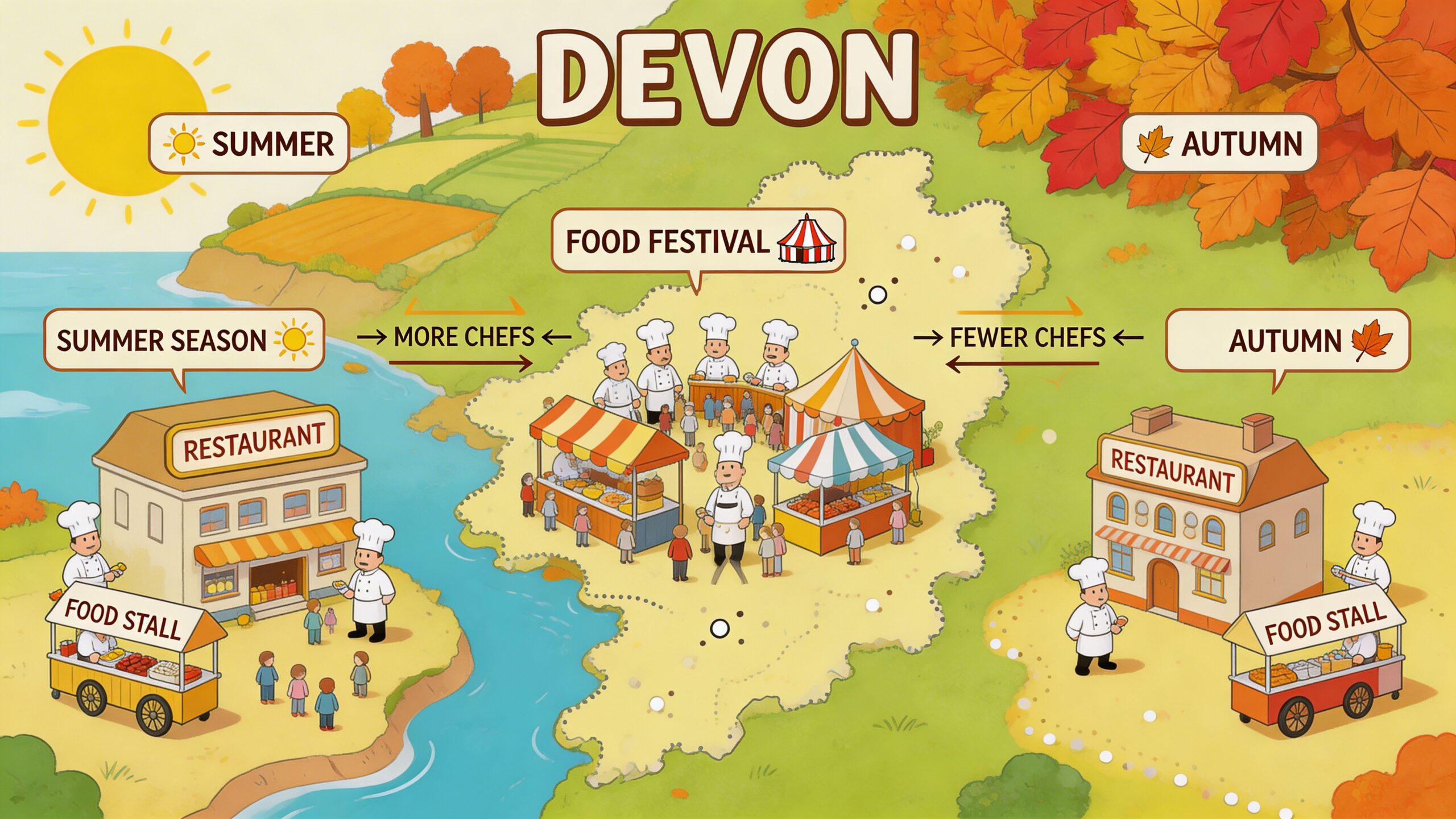 An illustration showing seasonal staffing changes for agency chefs at a food festival in Devon, England.
