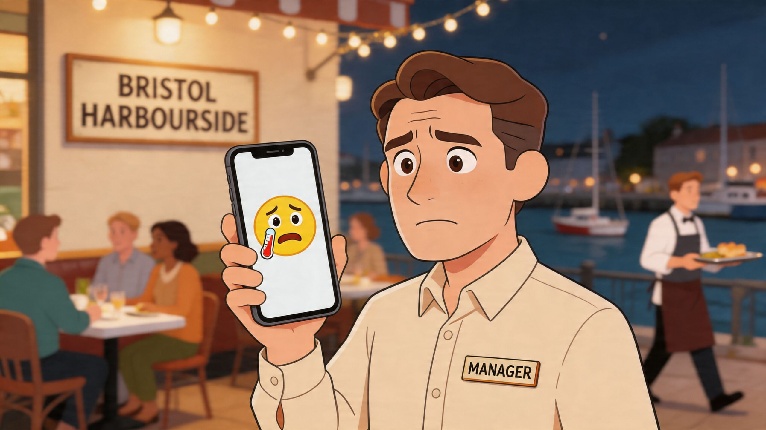 A concerned restaurant manager holding a phone displaying a sick emoji with a thermometer in Bristol Harbourside.