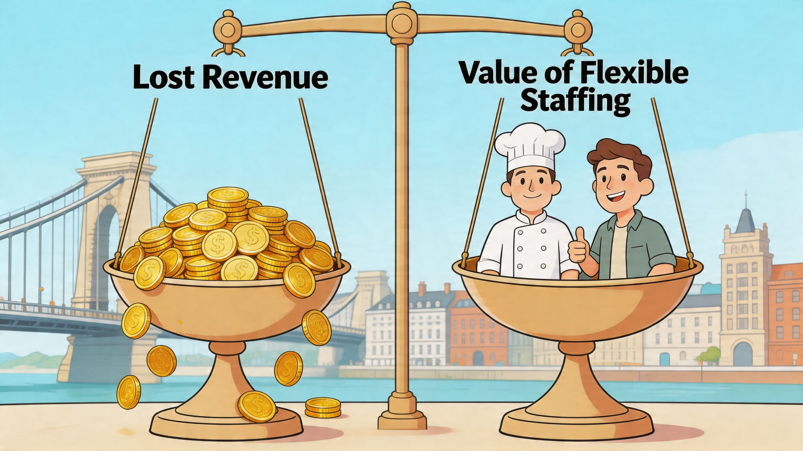 A conceptual scale illustration comparing lost revenue to the value of flexible staffing with workers.
