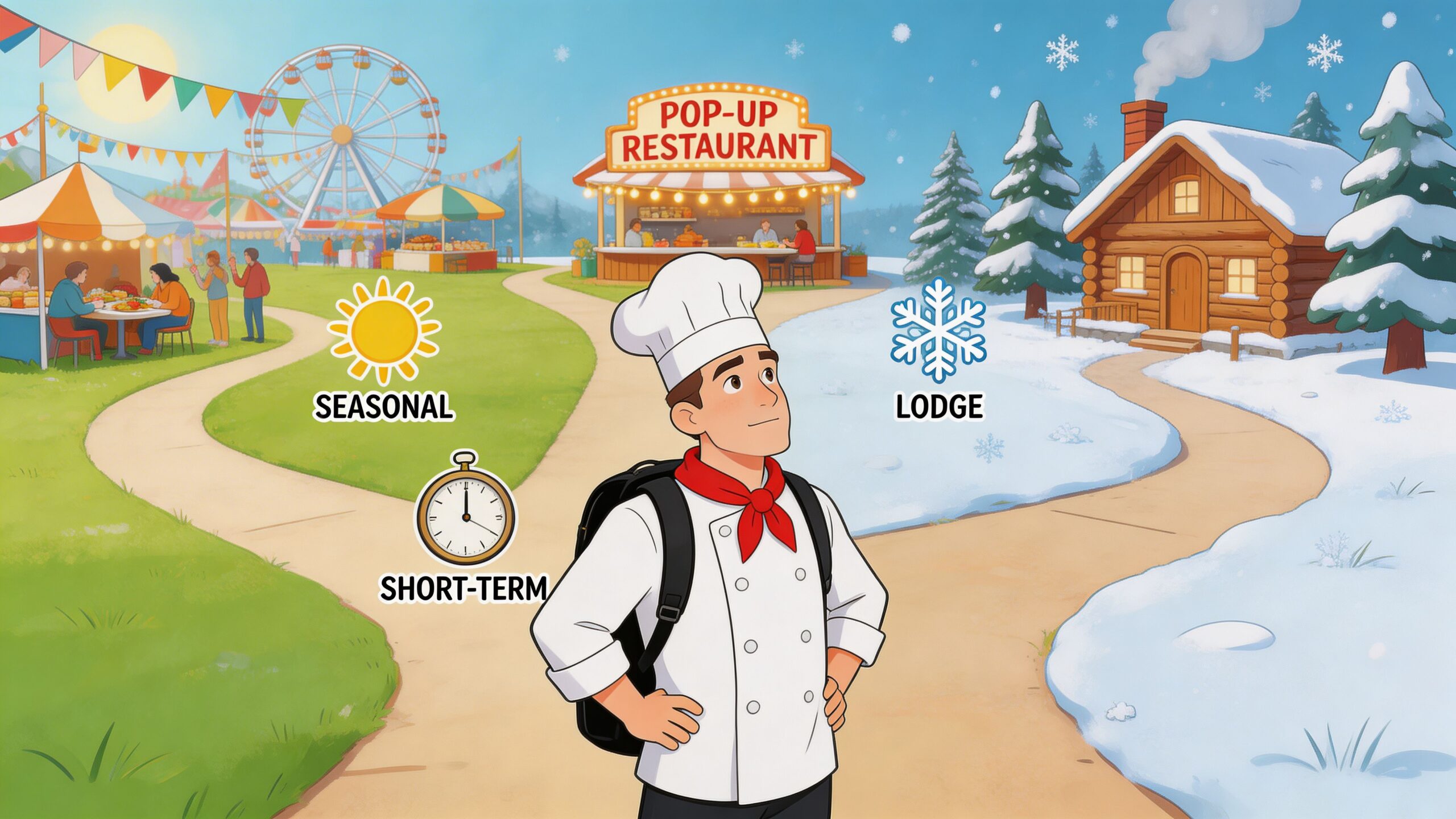 A professional chef standing between a summer carnival scene and a snowy winter lodge landscape illustration.
