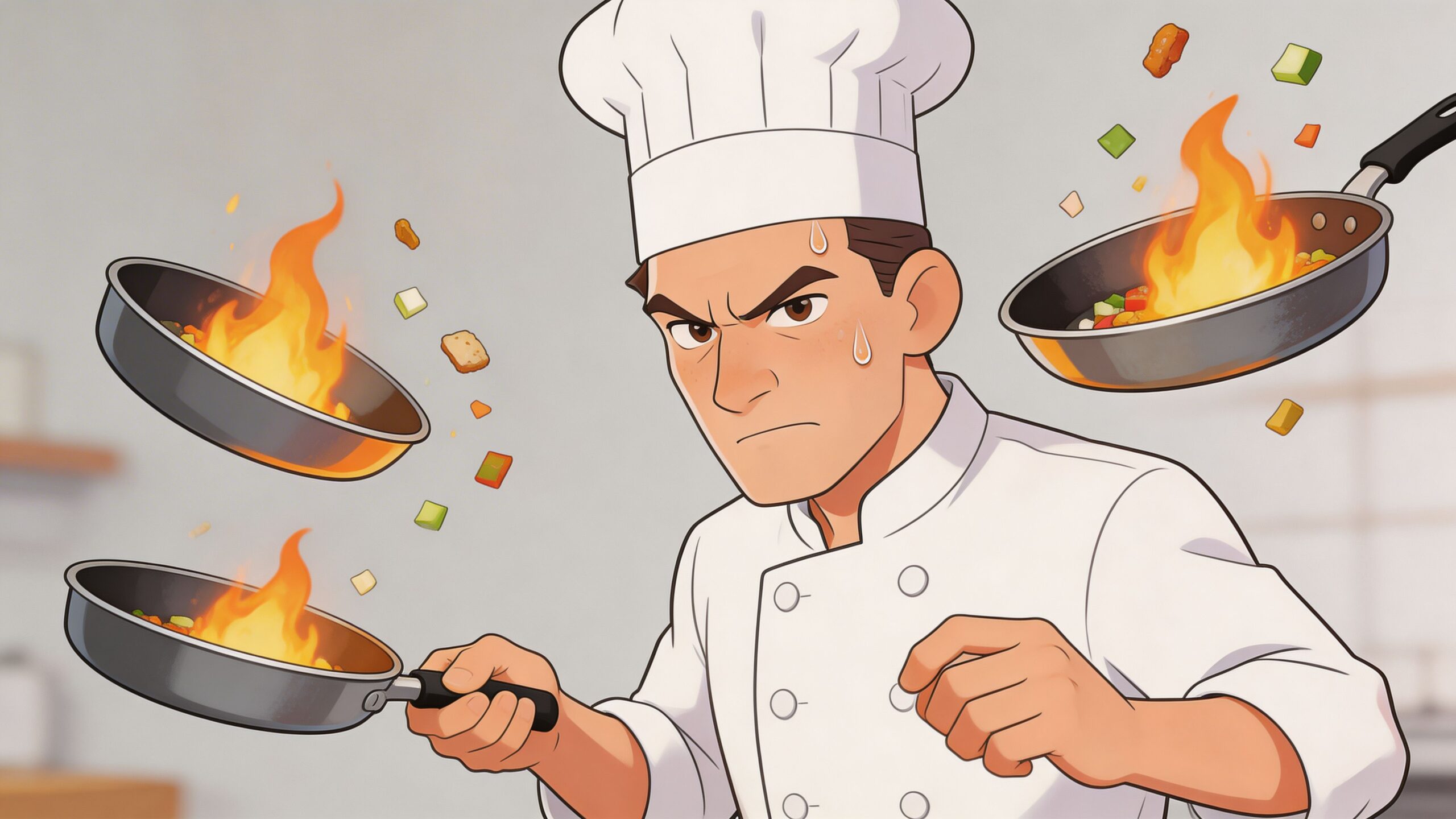 A stressed chef wearing a white uniform juggling two flaming frying pans in a busy kitchen environment.