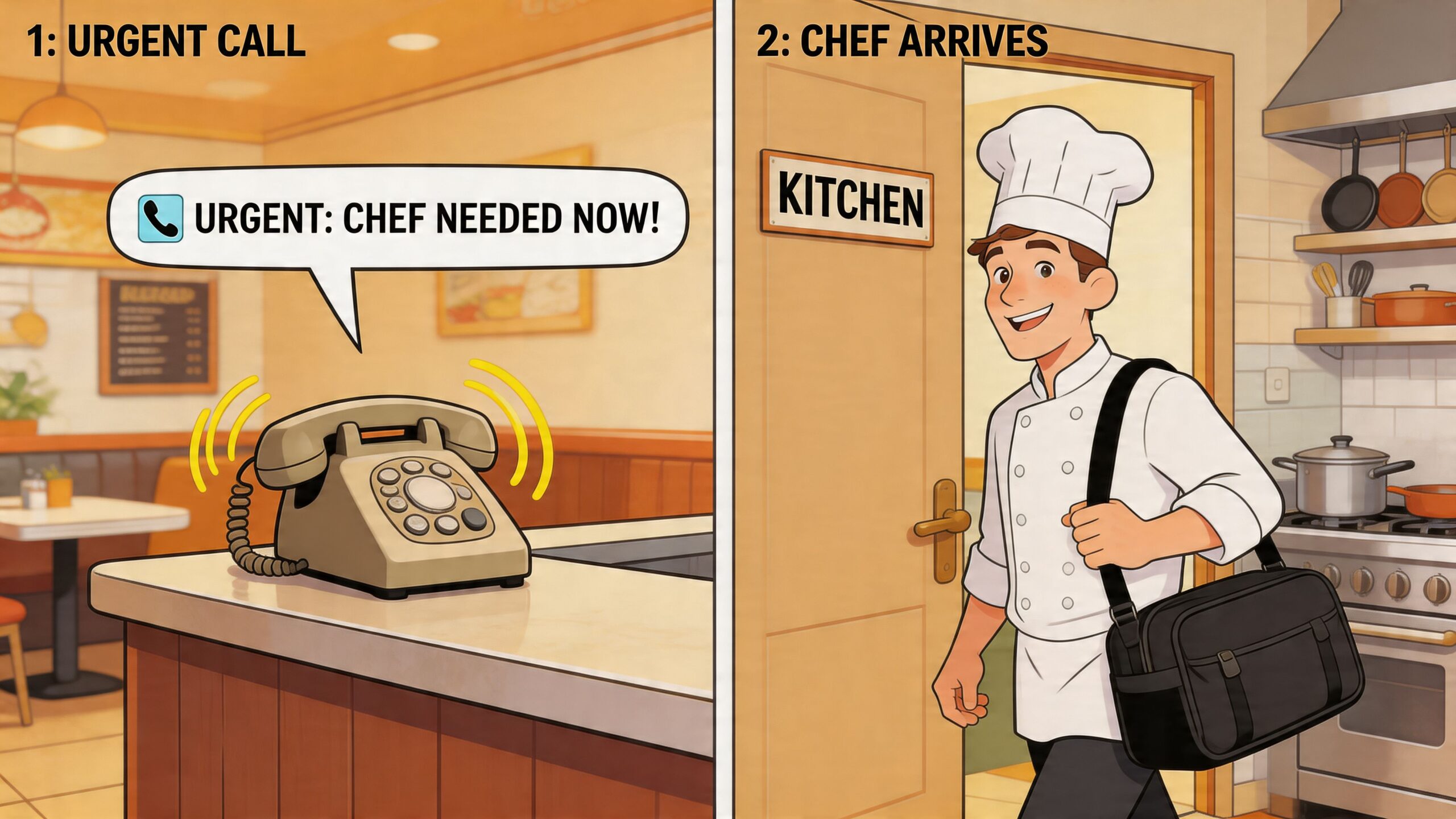 A split image showing a ringing telephone and a smiling professional chef arriving at a kitchen.