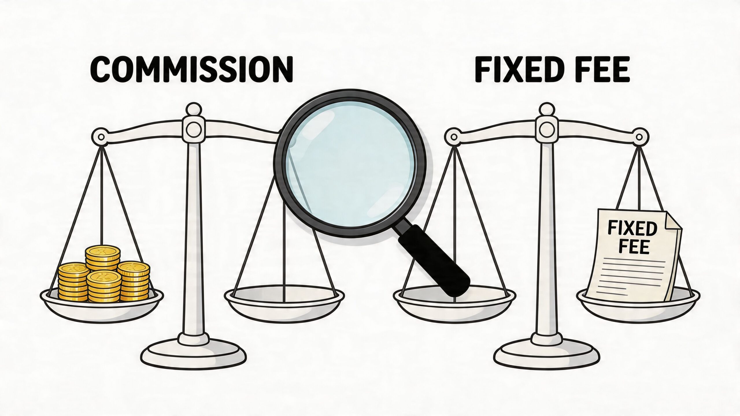 A conceptual illustration comparing commission-based fees and fixed fees using a balanced scale and magnifying glass.