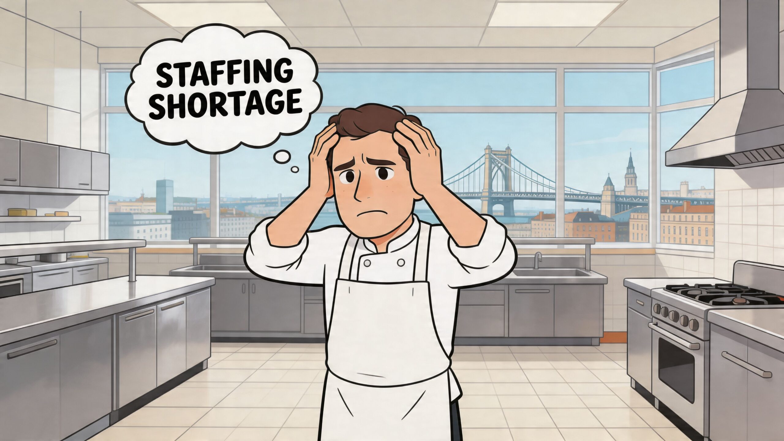 A distressed chef standing in a commercial kitchen thinking about a major staffing shortage in the restaurant.