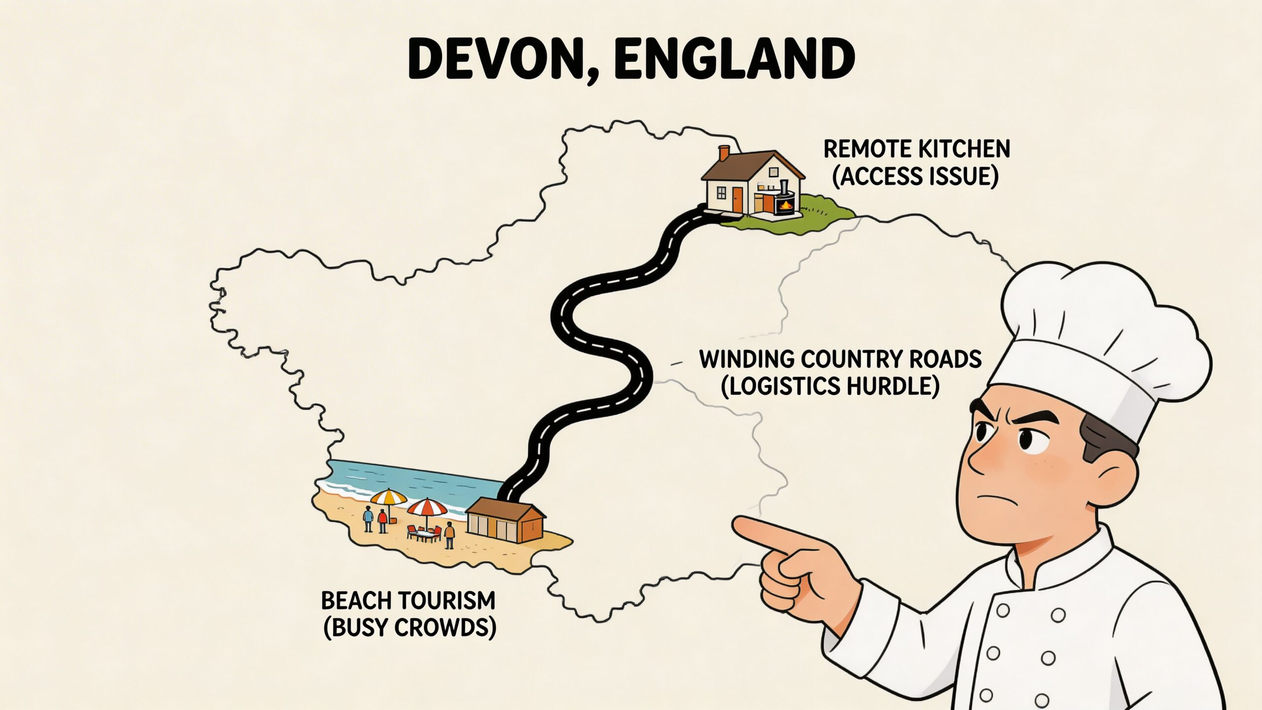 A chef illustrating the logistical challenges of transporting food between a remote Devon kitchen and beach locations.