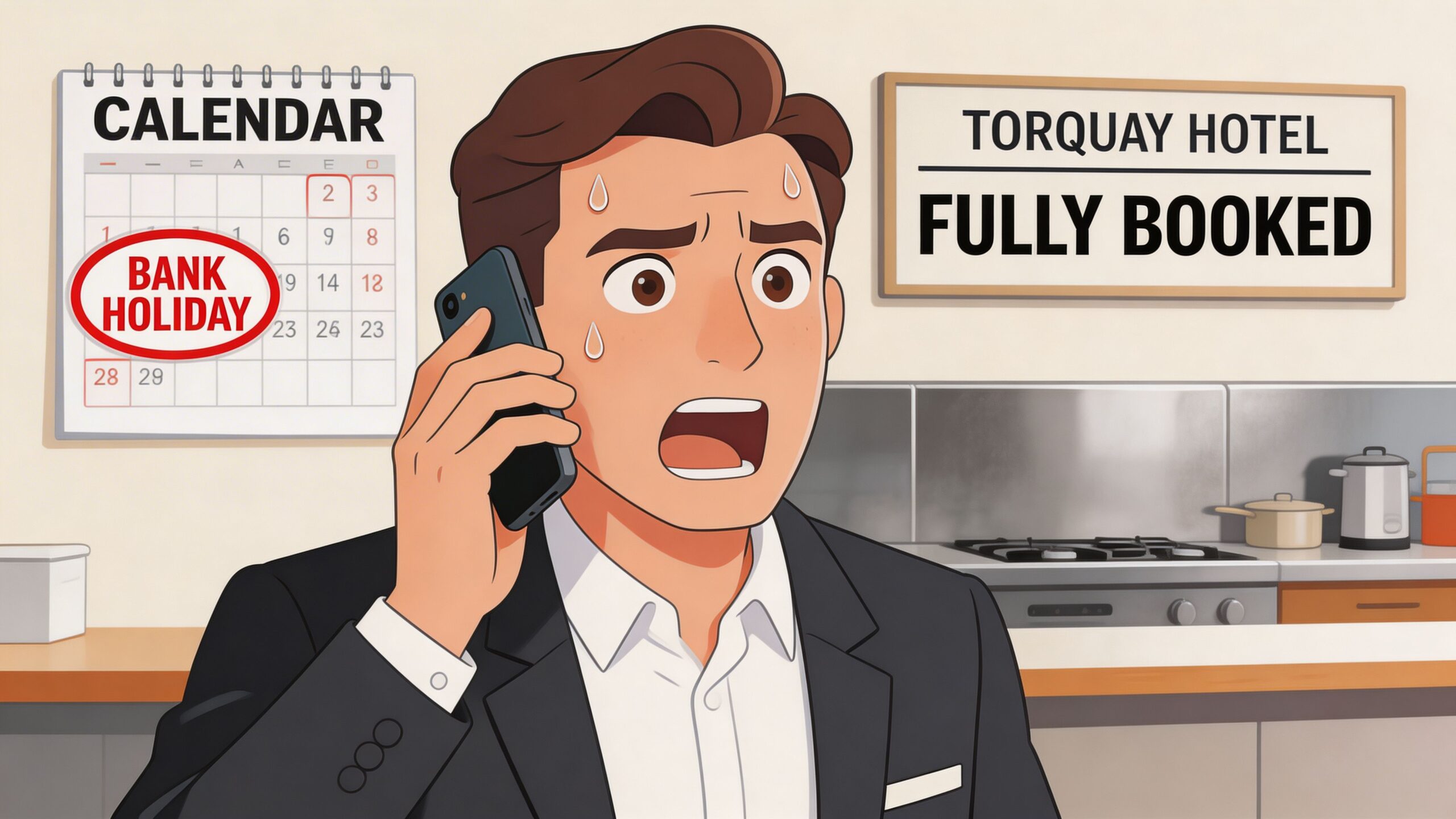 A stressed man in a suit making a phone call in front of a busy hotel calendar.