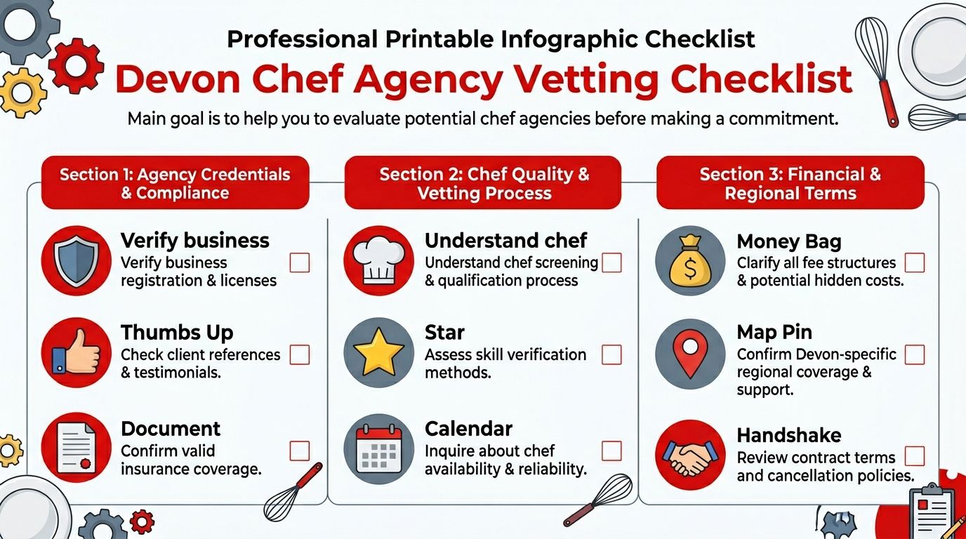 A professional infographic checklist for evaluating and vetting potential chef agencies located in the Devon region.