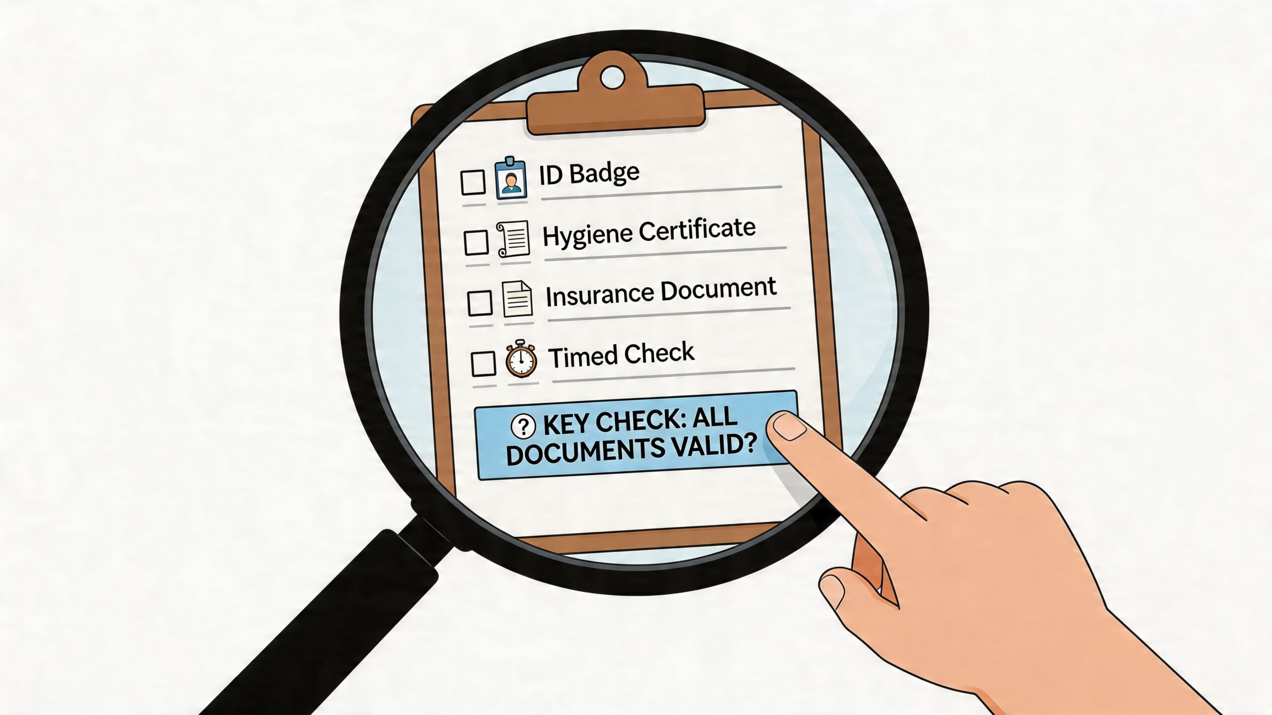 A magnifying glass inspecting a clipboard with a checklist of documents, featuring a finger pressing a validation button.