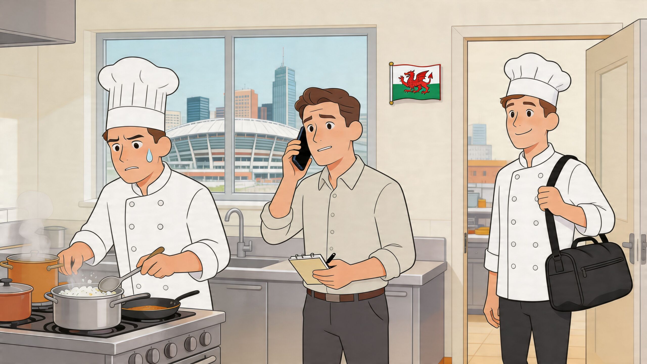 A busy kitchen scene featuring a stressed chef cooking while a man talks on the phone.