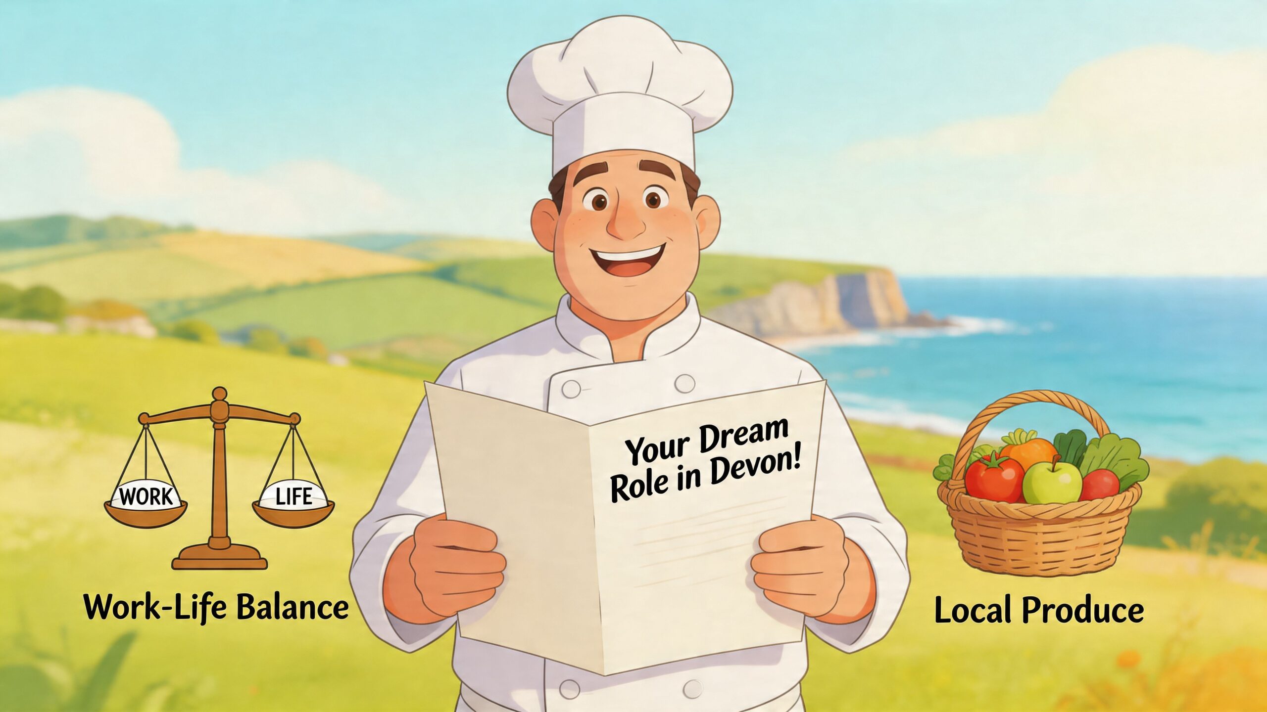 A friendly cartoon chef holding a menu promoting career opportunities with work-life balance and local produce in Devon.