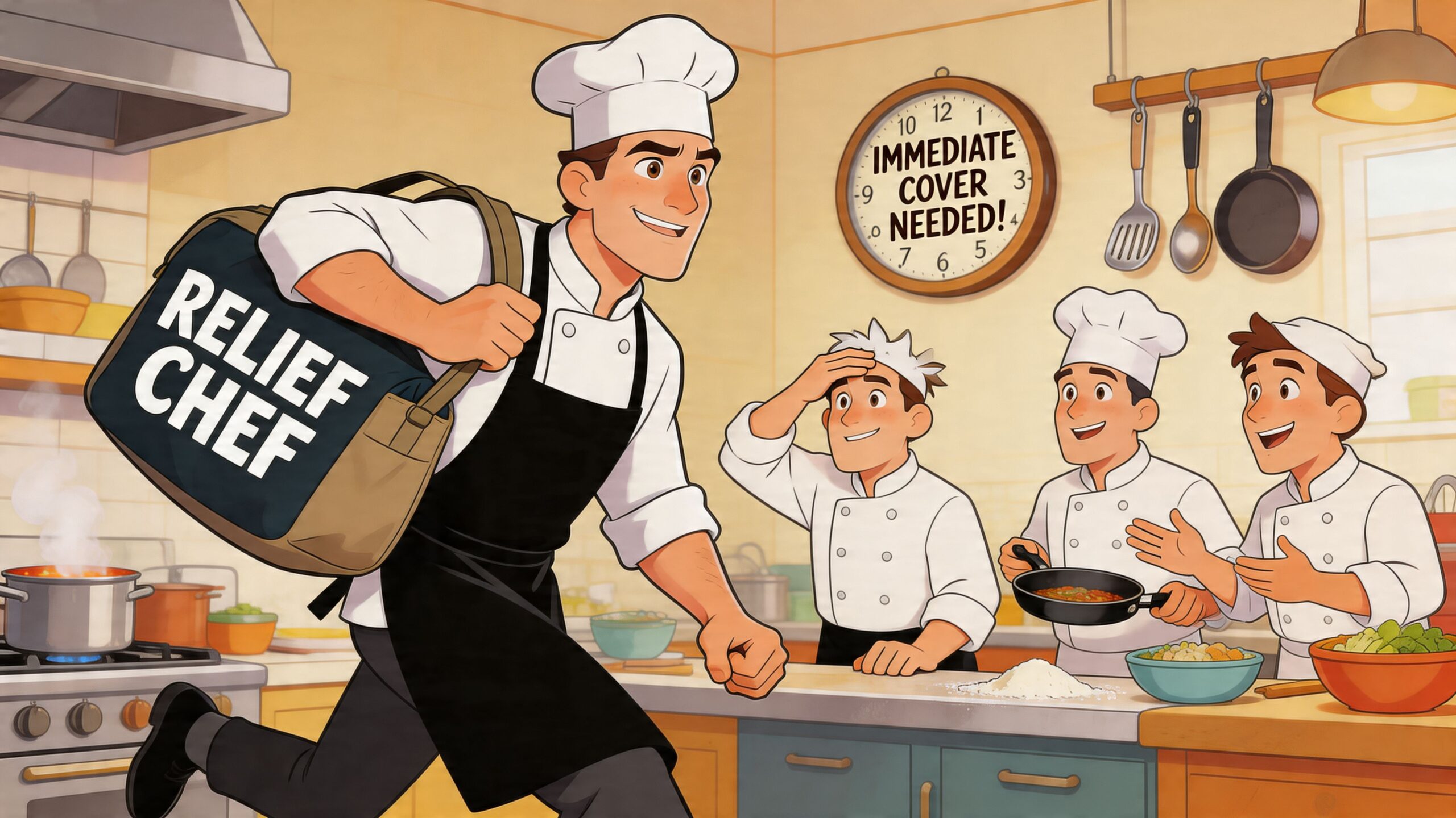 A relief chef arriving in a busy kitchen to help other cooks in need of professional assistance.