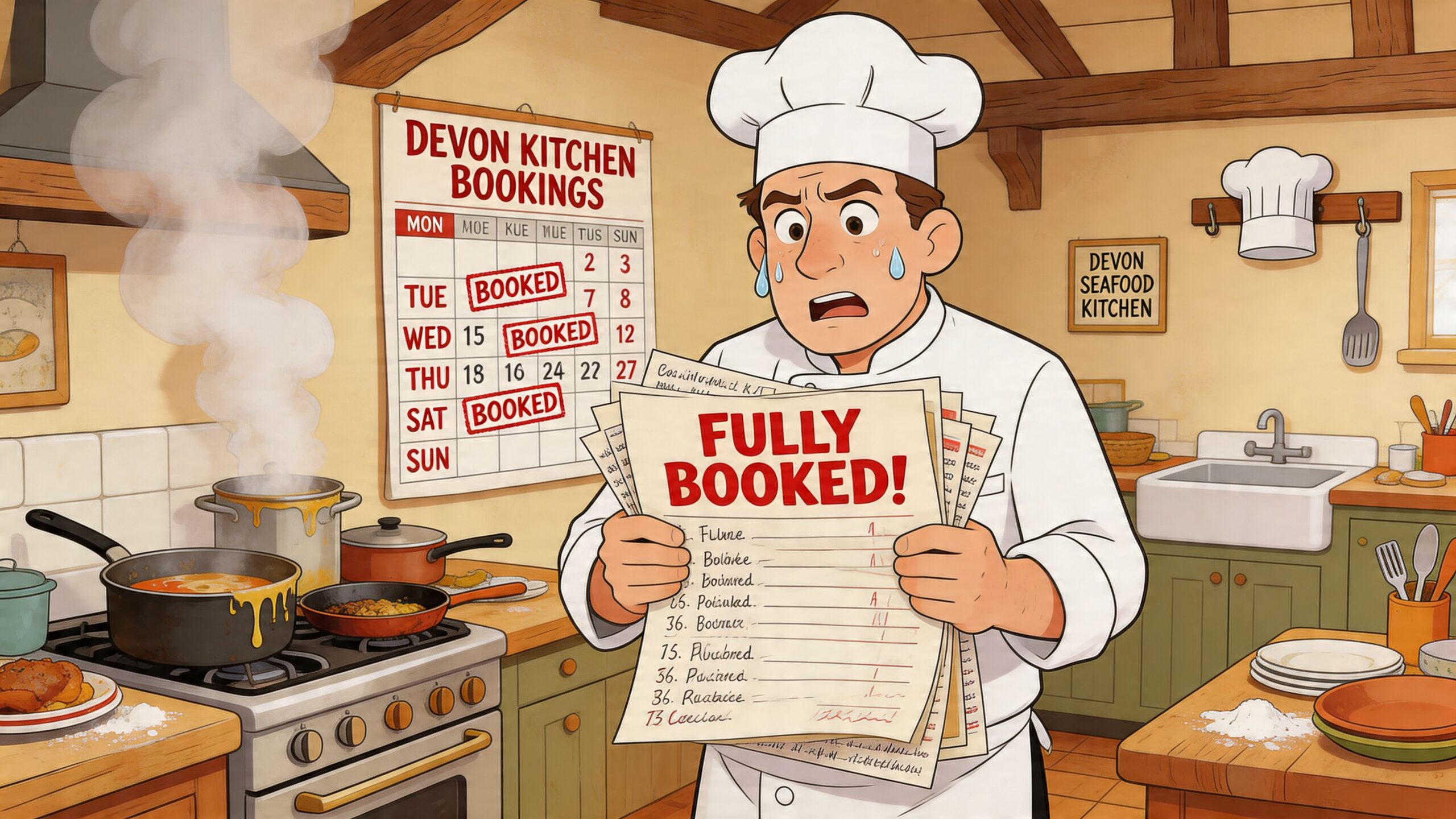 A stressed chef holding a list of fully booked reservations in a busy restaurant kitchen setting.