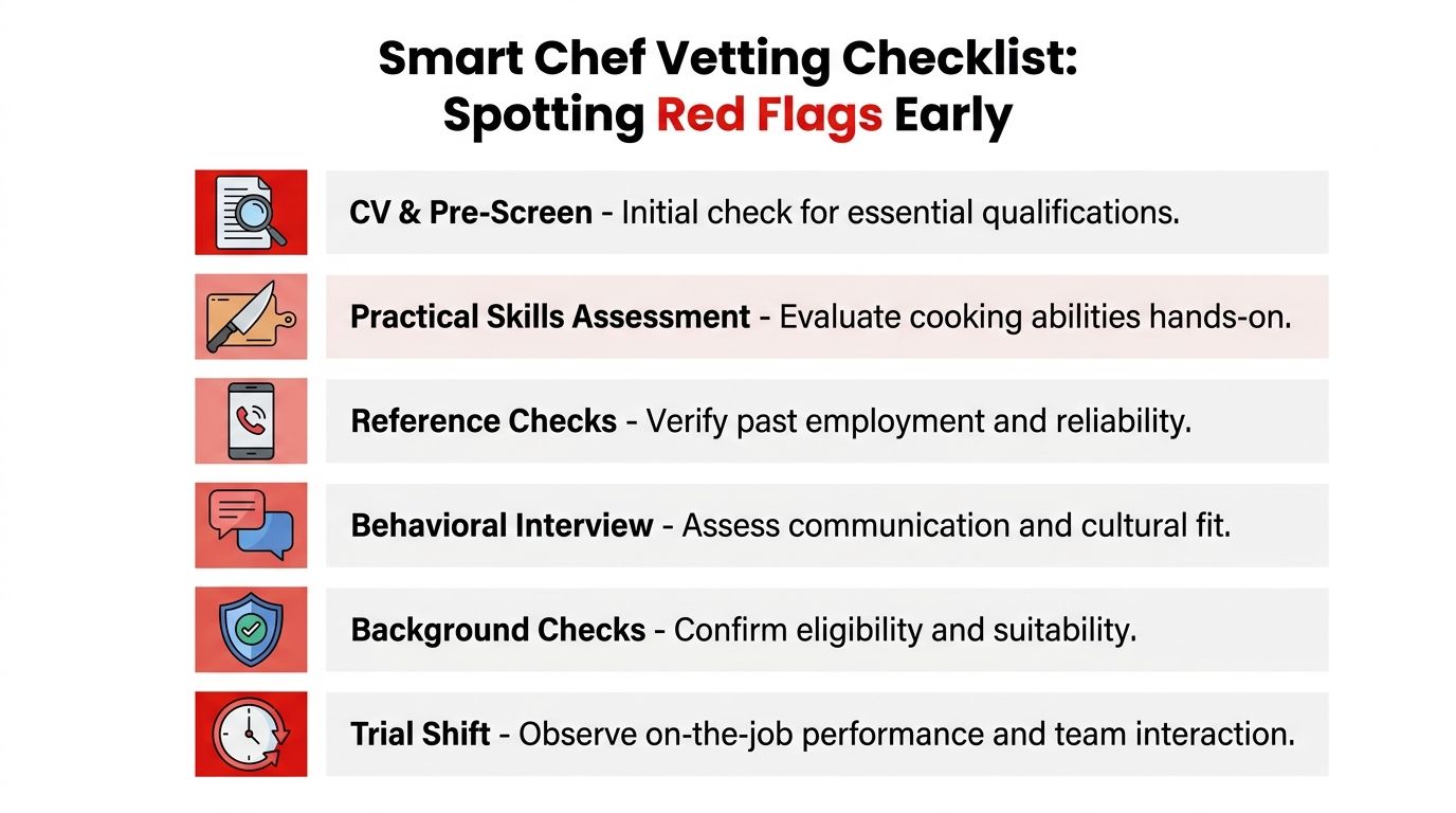 A checklist for recruiting professional chefs, outlining key steps to evaluate candidates effectively and avoid red flags.