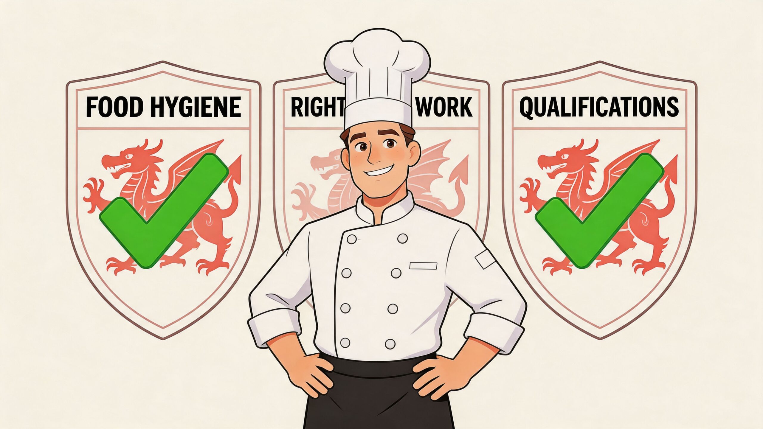 A professional chef standing in front of three shields featuring the Welsh dragon and verified checkmarks.