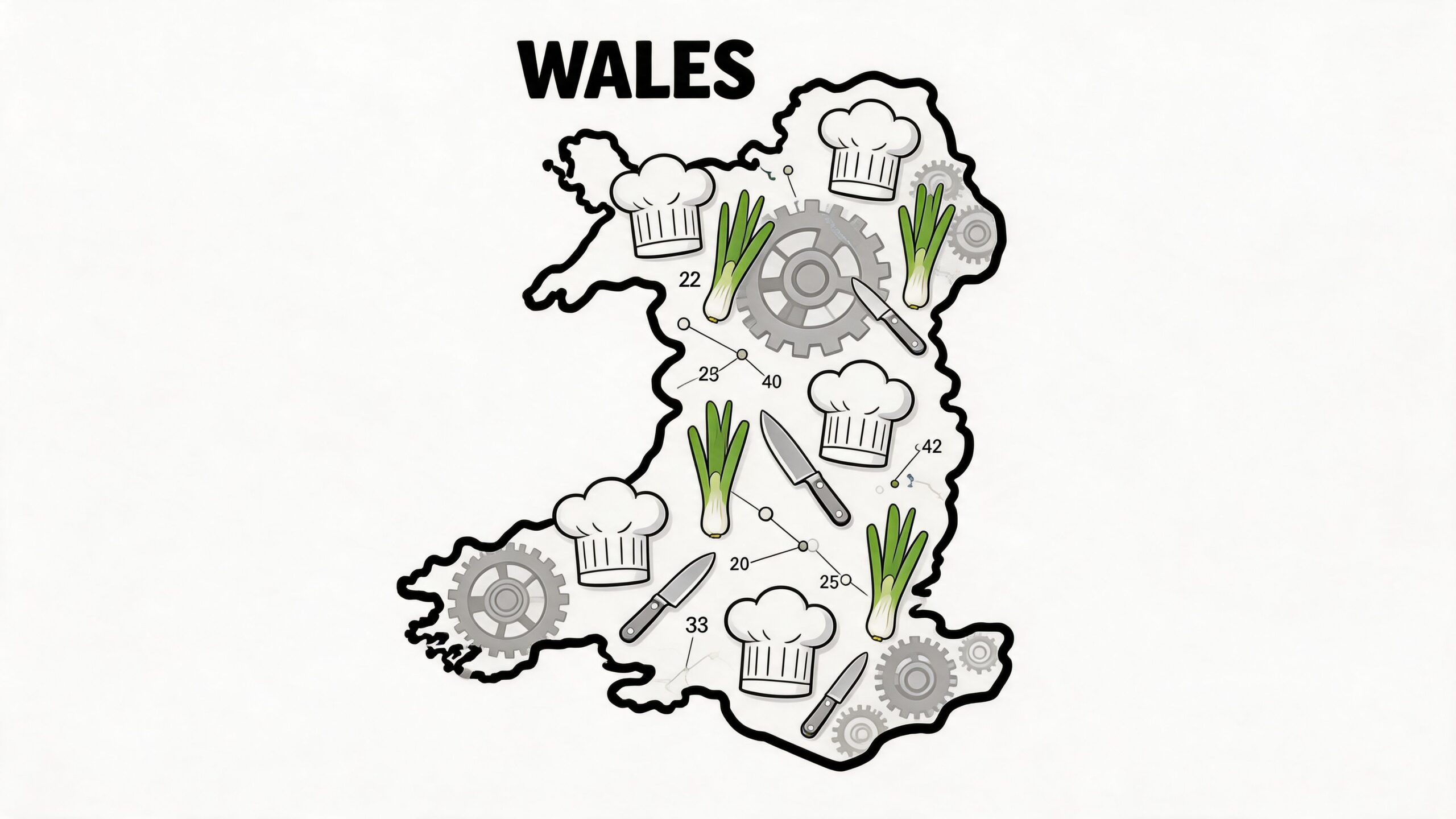 A map outline of Wales featuring illustrated chef hats, green onions, kitchen knives, and industrial gear icons.