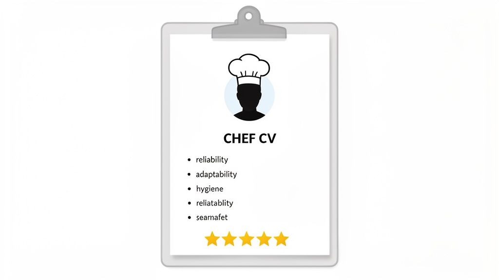 A chef's CV on a clipboard, listing skills like reliability and adaptability, with a five-star rating.
