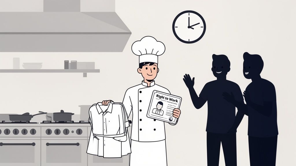 A smiling chef in a kitchen holds a uniform and a "Right to Work" document, with two shadowy figures waving.
