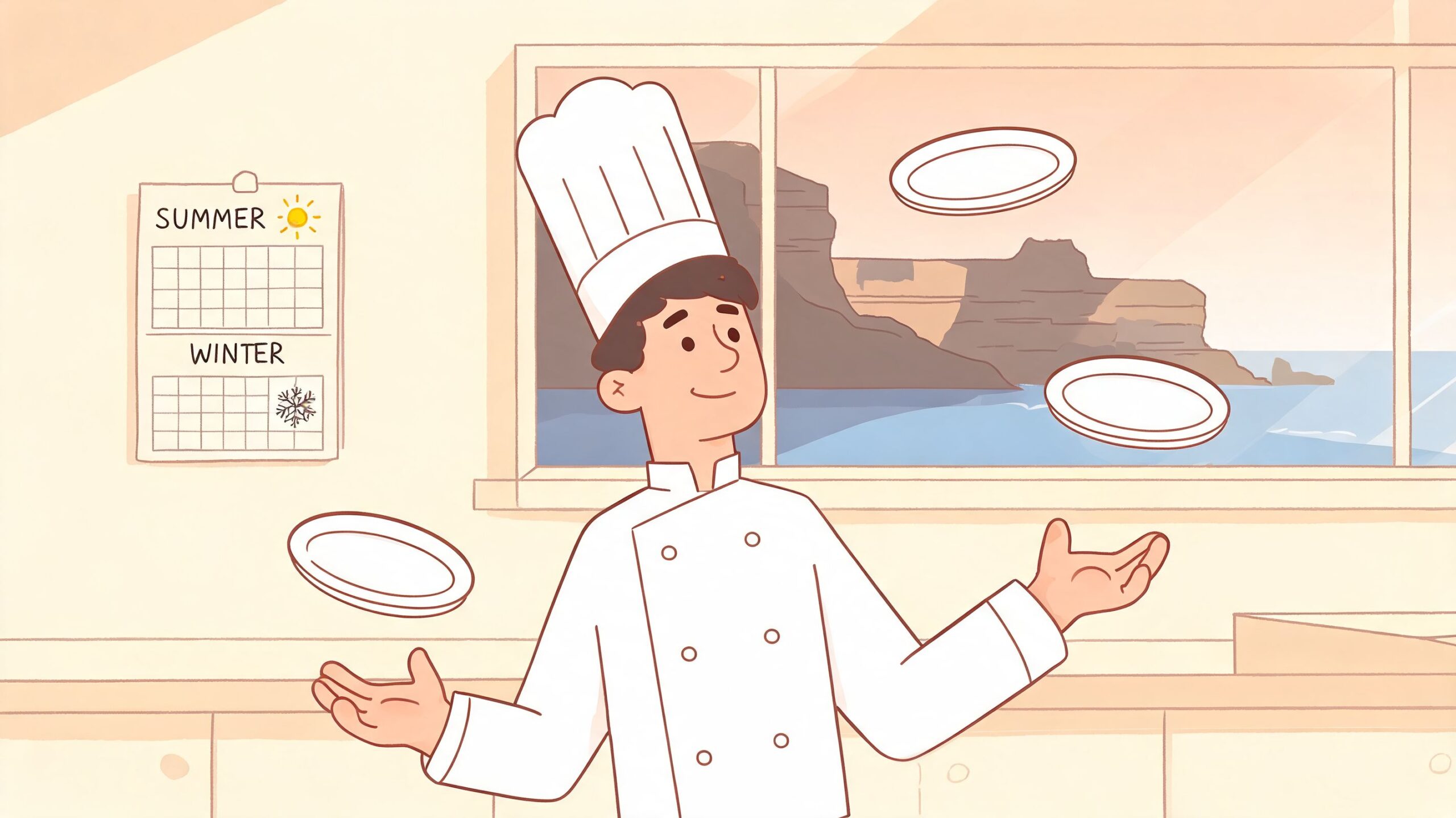 A cheerful cartoon chef balancing white dinner plates in a bright kitchen with a sea view.
