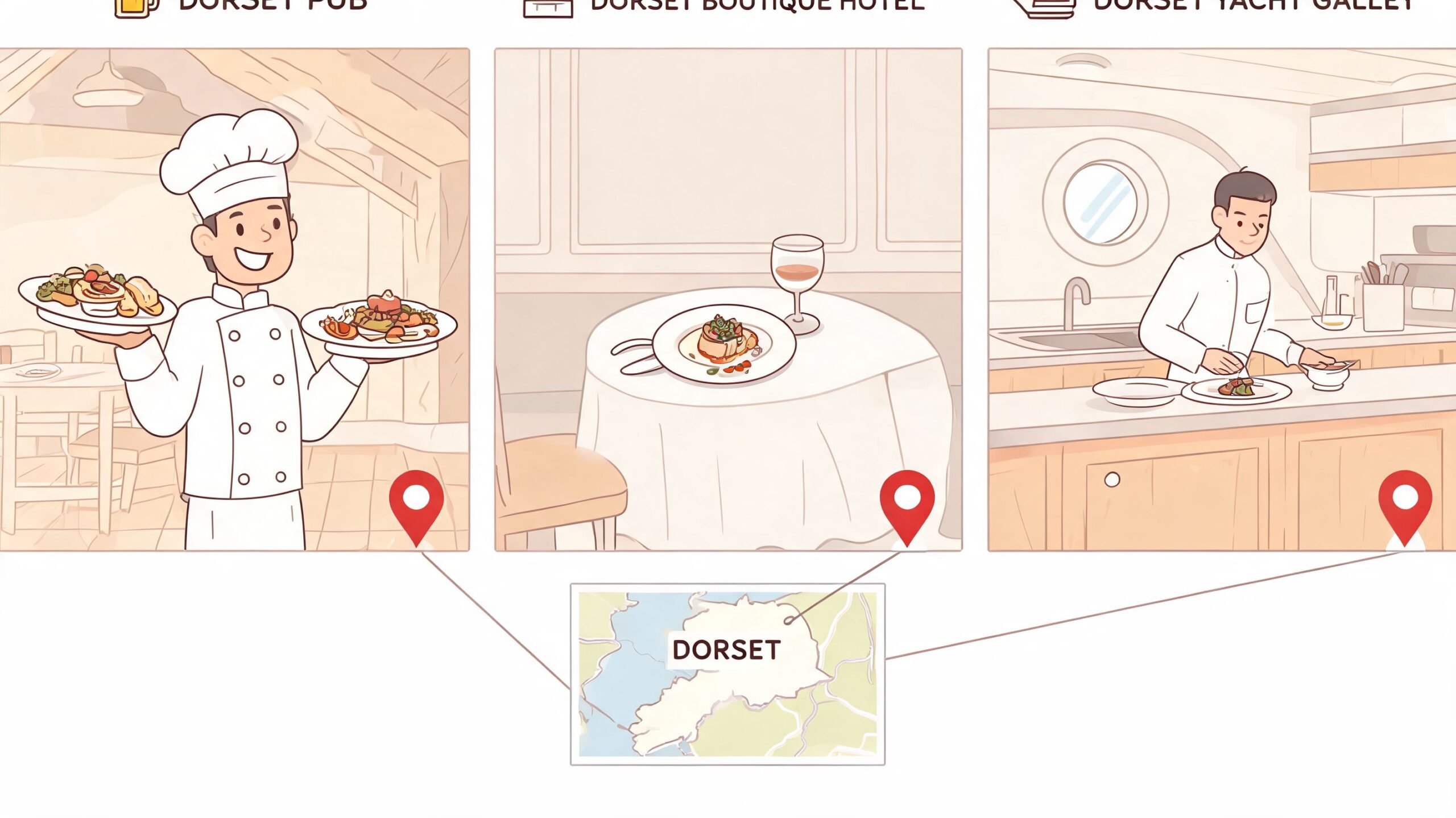 A graphic showing three Dorset culinary locations: a pub, a boutique hotel, and a yacht galley.