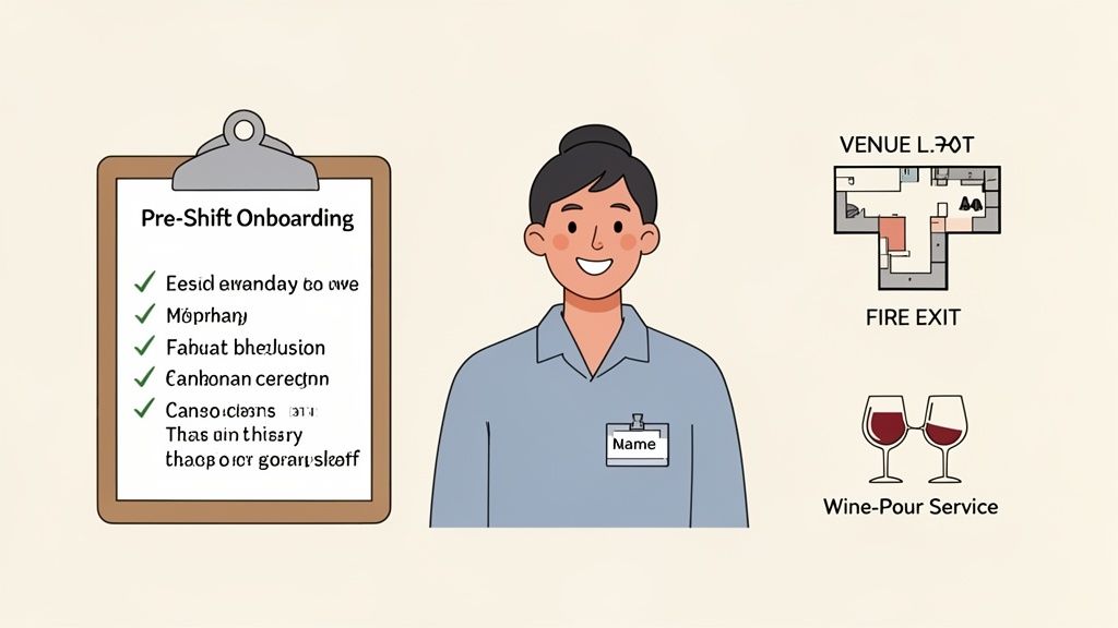 Illustration of a smiling event staff member with pre-shift onboarding checklist, venue map, and wine service.